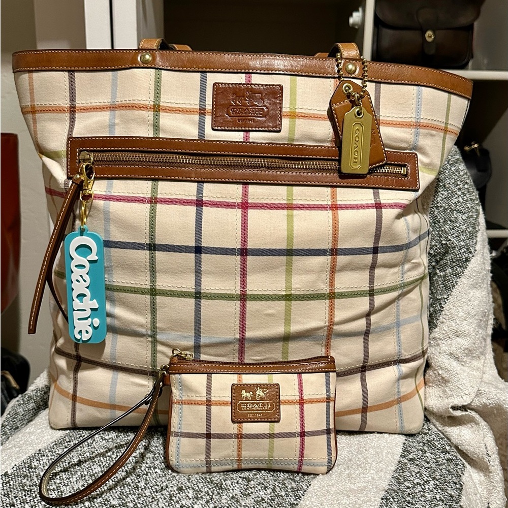 COACH TATTERSALL XL PLAID WEEKENDER TOTE and MATCHING WRISTLET